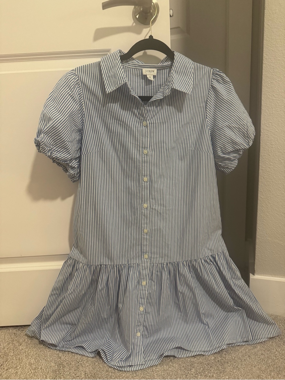 J. Crew Blue and White Striped Button-Down Puff Sleeve Dress